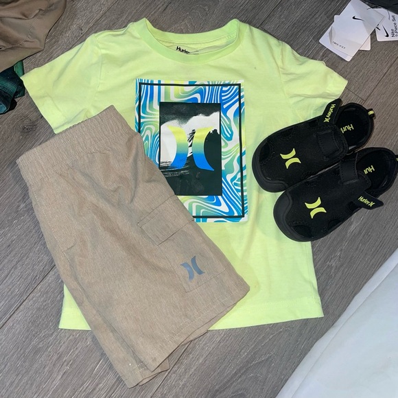 Hurley Kids Outfit with Neon Green Tee and Tan Shorts